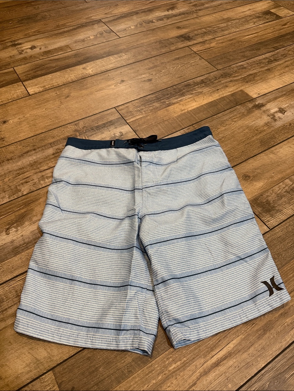 Hurley Light Blue and Navy Striped Men's Swim Board Shorts